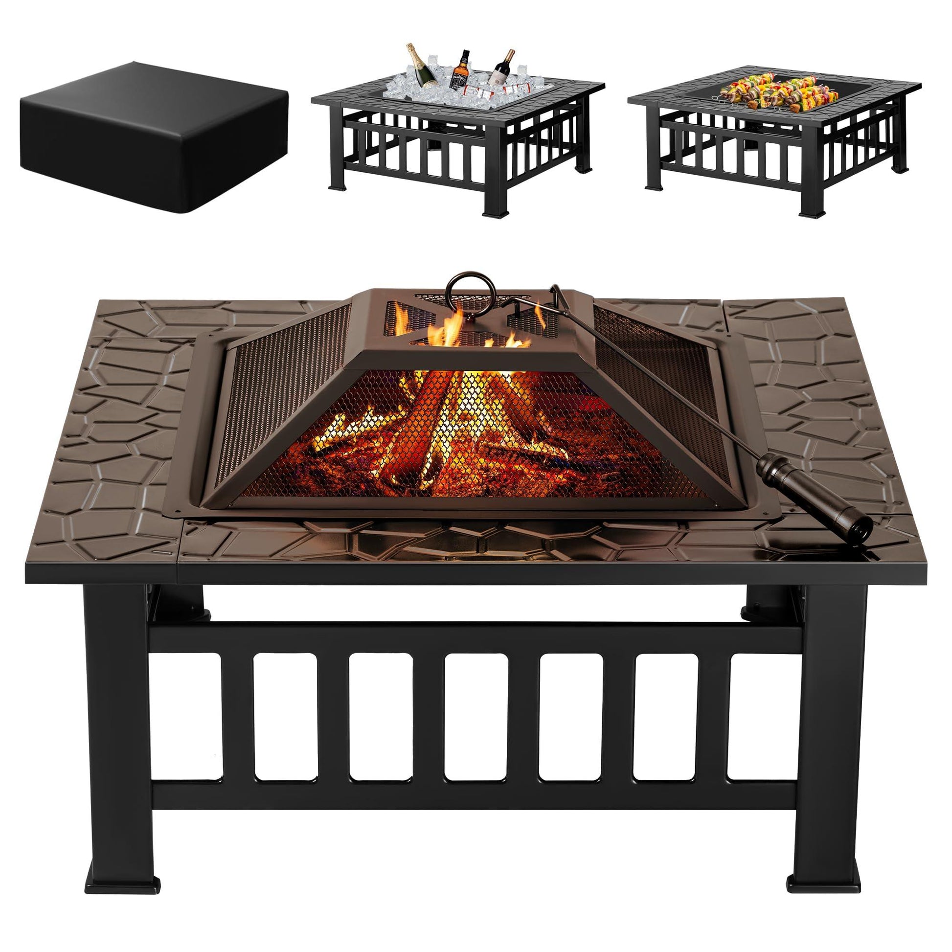 Devoko 32 inch Metal Outdoor Fire Pit Table Multiuse Square Patio BBQ Firepit with Spark Screen Lid and Waterproof Cover for Camping, Outside Wood Burning and Picnic Black - CookCave