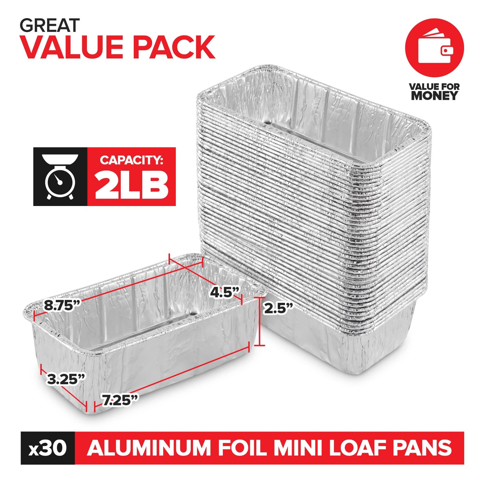 Stock Your Home 2 Lb Aluminum Foil Mini Loaf Pans (30 Pack) Disposable Small Loaf Pan – 2 Pound Baking Tin Liners, Perfect to Bake Cakes, Bread Loaves, and Meat - 8.5 x 4.5 x 2.5 - CookCave