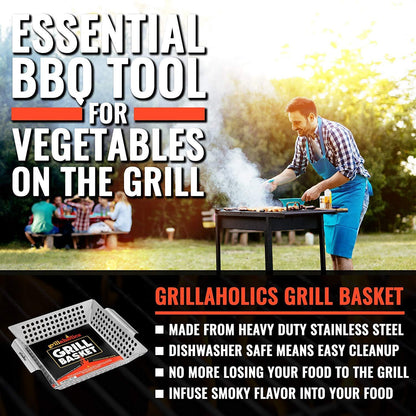 Grillaholics Grill Basket for Outdoor Grill - Durable Premium Stainless Steel Vegetable Grill Basket - XL Family Size BBQ Grill Basket - Perfect Grilling Accessories for Veggies, Fish, Shrimp & Kebabs - CookCave