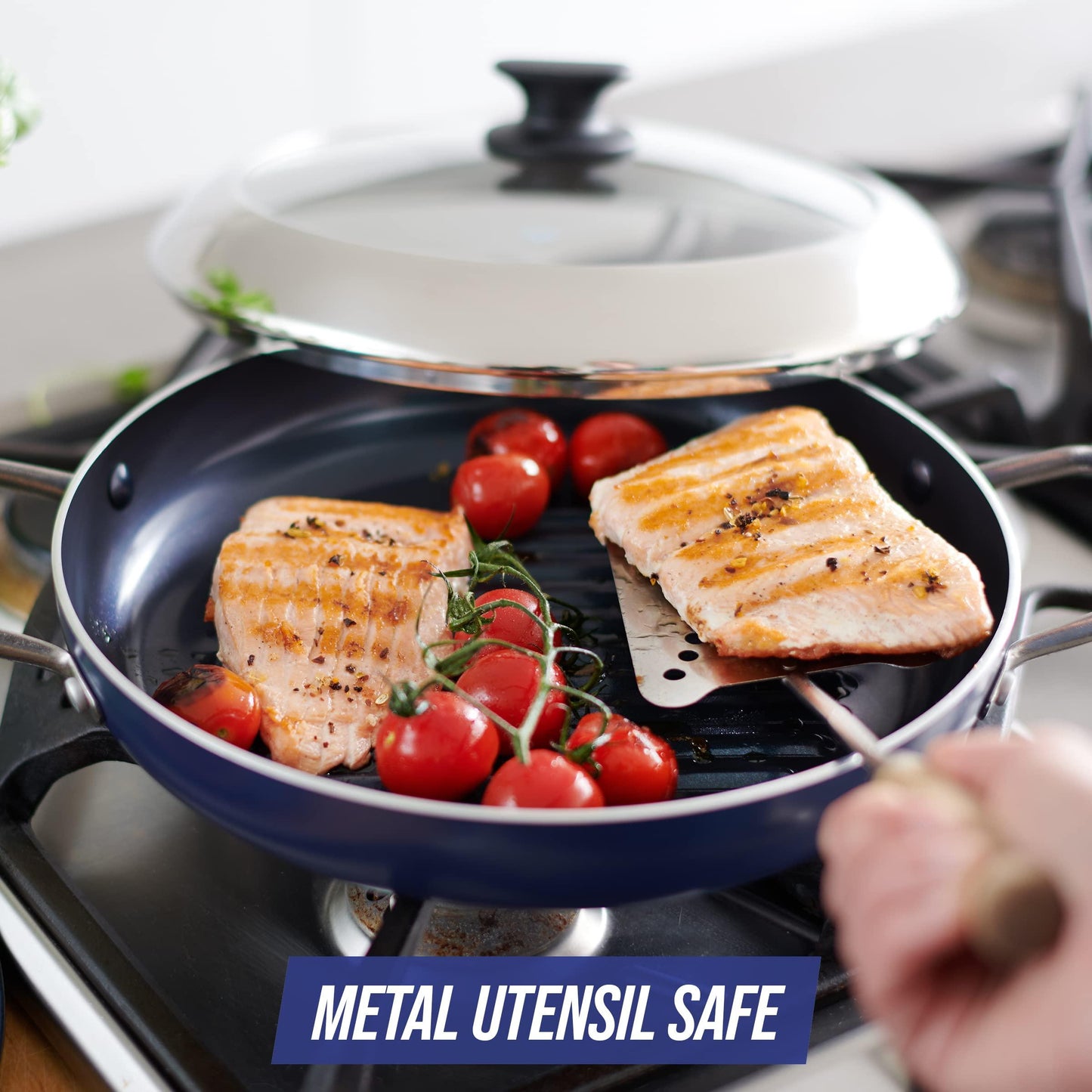 Blue Diamond Cookware Diamond Infused Ceramic Nonstick 11" Grill Genie Pan with Lid PFAS-Free Dishwasher Safe Oven Safe Blue - CookCave