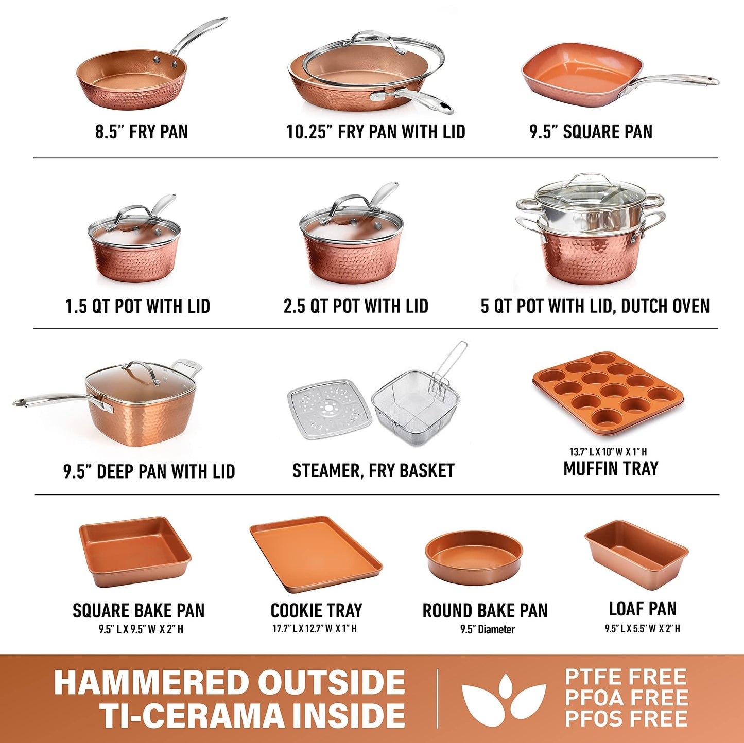 Gotham Steel Hammered Copper Collection – 20 Piece Premium Pots and Pans Set Nonstick Ceramic Cookware + Bakeware Set for Kitchen, Induction/Dishwasher/Oven Safe, Healthy and Non Toxic - CookCave