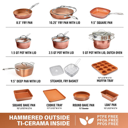 Gotham Steel Hammered Copper Collection – 20 Piece Premium Pots and Pans Set Nonstick Ceramic Cookware + Bakeware Set for Kitchen, Induction/Dishwasher/Oven Safe, Healthy and Non Toxic - CookCave