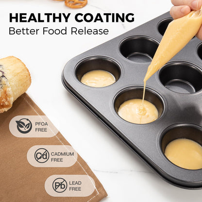 HONGBAKE Muffin Pan for Baking, Nonstick Cupcake Tin 12 Cup, 2 Pack Cup Cake Tray, Premium Cheesecake Pans, Dishwasher Safe - Dark Grey - CookCave