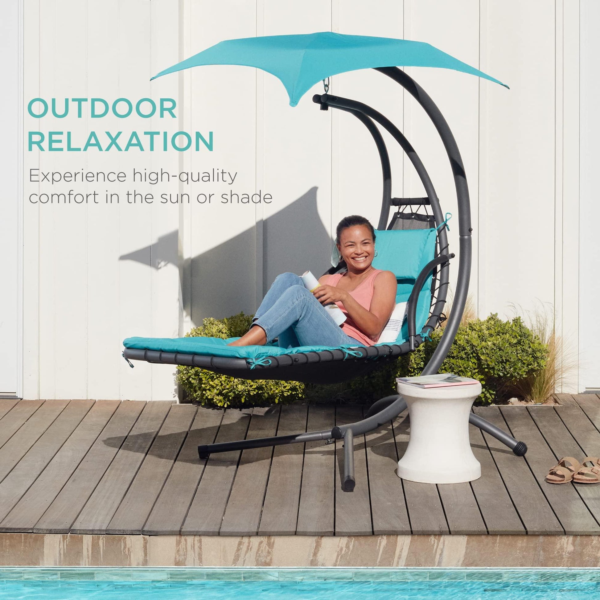 Best Choice Products Outdoor Hanging Curved Steel Chaise Lounge Chair Swing w/Built-in Pillow and Removable Canopy - Teal - CookCave