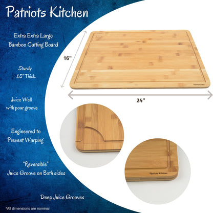 Patriots Kitchen - Veteran Owned XXL 24" x 16" Bamboo Wooden Cutting Board For Kitchen w/juice groove, BBQ chopping Boards, Cheese, Bread, pasta, pastry, Charcuterie - CookCave