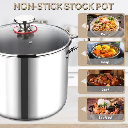 LIANYU 12 Quart Stock Pot with Lid, 18/10 12 QT Stainless Steel Soup Pot, Tri-Ply Heavy Duty large Canning Pasta Pot, Big Deep Pot for Cooking, Nonstick Induction Stockpot with Measuring Mark - CookCave