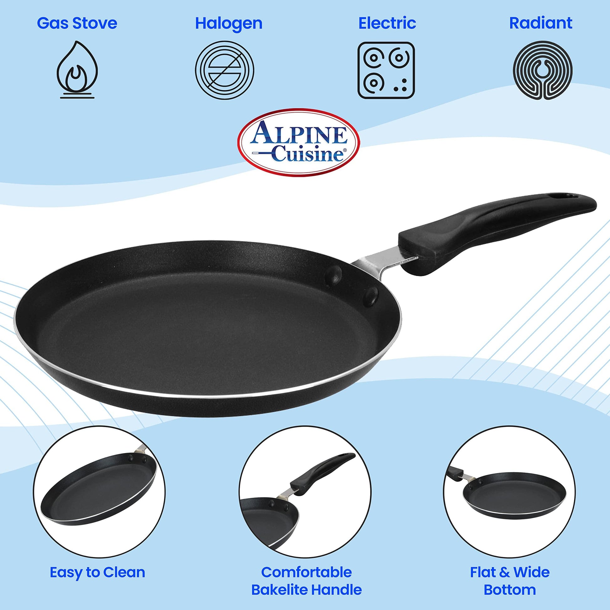 Alpine Cuisine Griddle Pan Aluminum 9-Inch Nonstick Coating, Griddle Pan for Stove Top with Stay Cool Handle, PFOA Free, nonstick cookware - Dishwasher Safe - Gray - CookCave