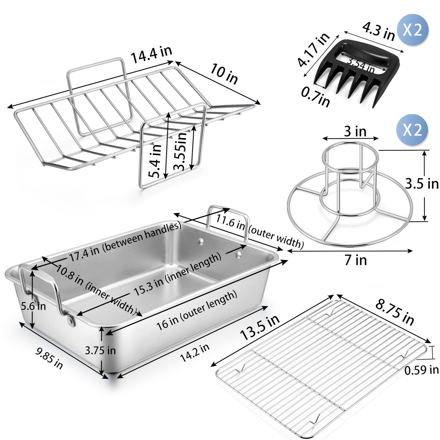 16" Roasting Pan with Rack, 7 PCS P&P CHEF Stainless Steel Roaster Lasagna Pan with Cooling Flat & V-shaped Baking Rack, Grilling Chicken Holder, Meat Shredding Claws, Dishwasher & Oven Safe - CookCave