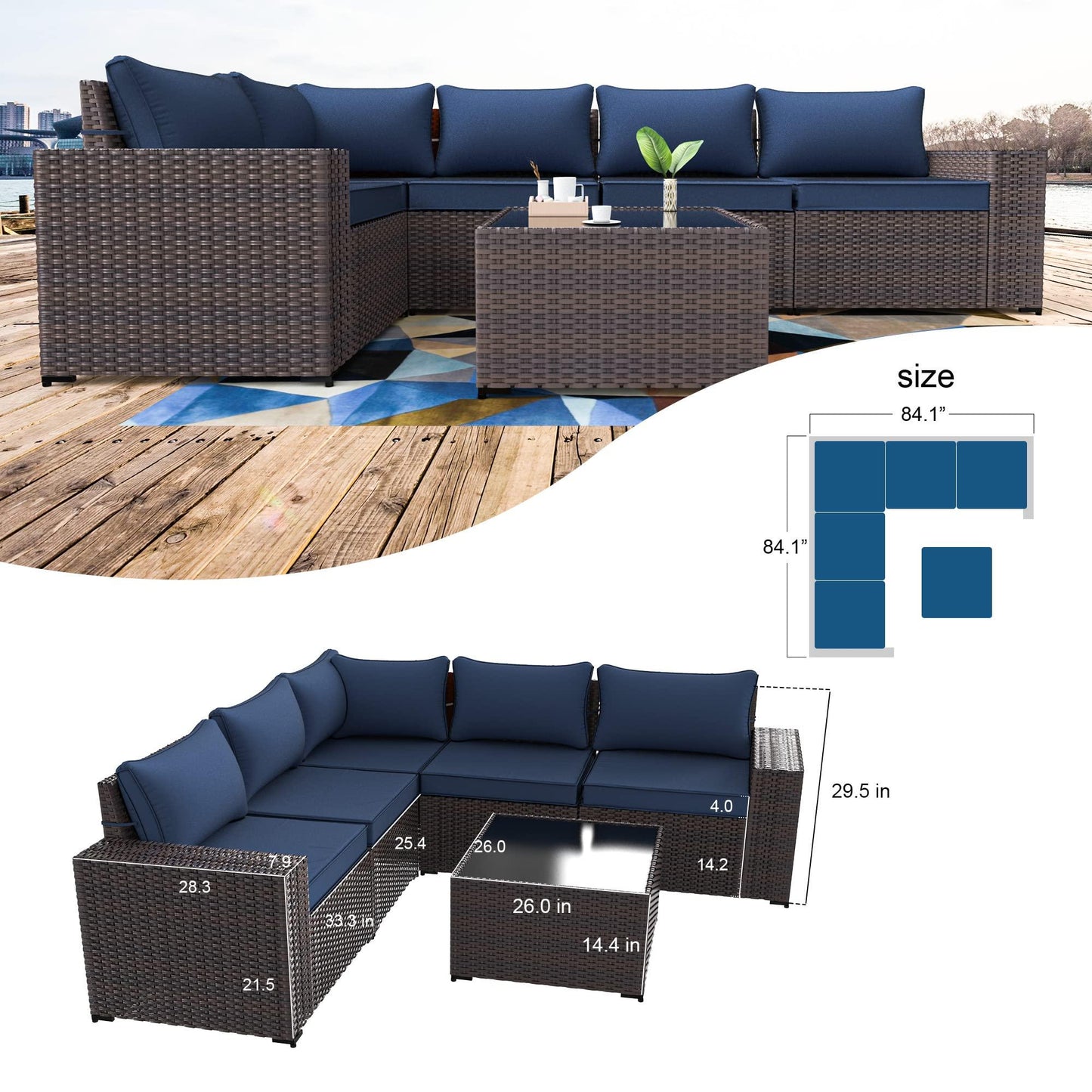 Kullavik Outdoor Patio Furniture Set 6 Pieces Sectional Rattan Sofa Set Brown PE Rattan Wicker Patio Conversation Set with 5 Navy Blue Seat Cushions and 1 Tempered Glass Table - CookCave