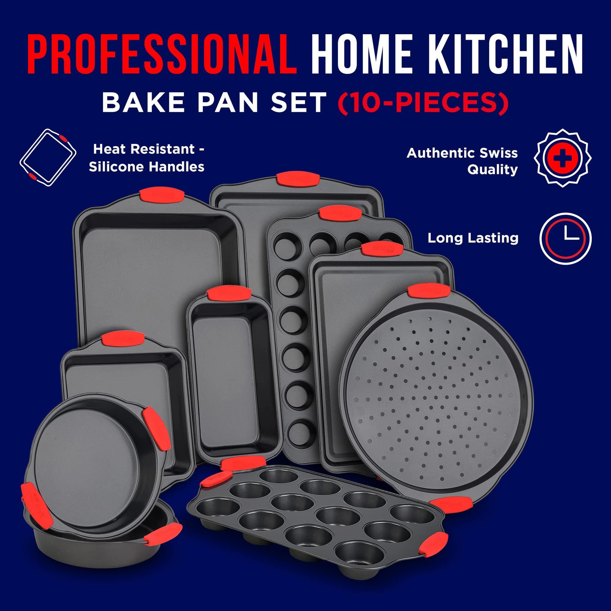 Baking Set – 10 Piece Kitchen Oven Bakeware Set – Deluxe Non-Stick Blue Coating Inside and Outside – Carbon Steel – Red Silicone Handles – PFOA PFOS and PTFE Free by Bakken,Black - CookCave