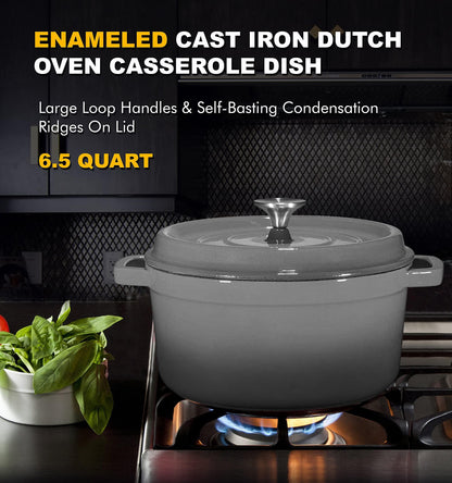 Bruntmor Pre-Seasoned 6.5 qt Enameled Cast Iron Round Dutch Oven, 6.5 Quart Dutch Oven Pot With Lid And Handle, Heavy Duty Casserole Dish, Hand Wash Only, Grey - CookCave