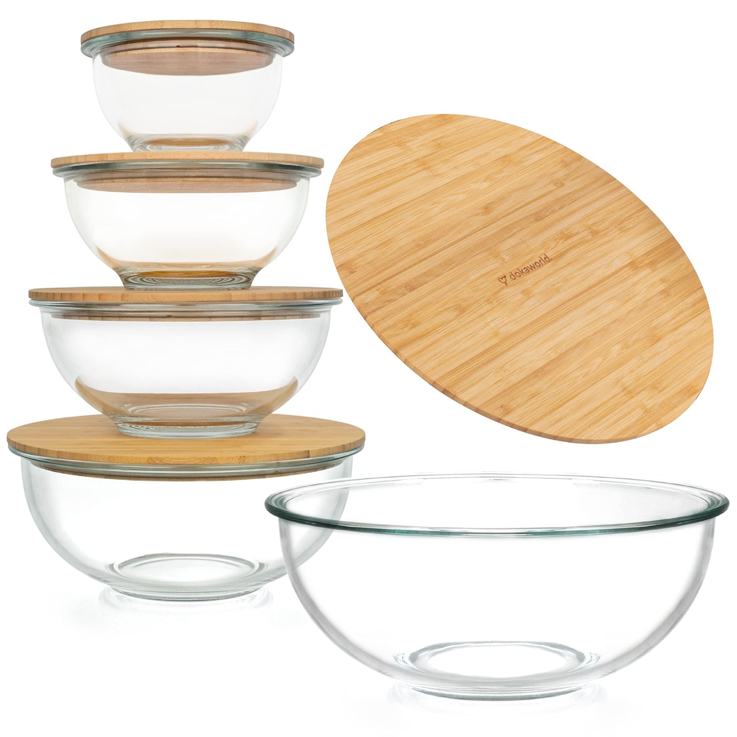 dokaworld Glass Mixing Bowls - Nesting Bowls - Cute Collapsible Glass Bowls with Lids Food Storage - 5 Stackable Microwave Safe Glass Containers - Salad Bamboo Mixing Bowls - Baking Bowls for Kitchen - CookCave