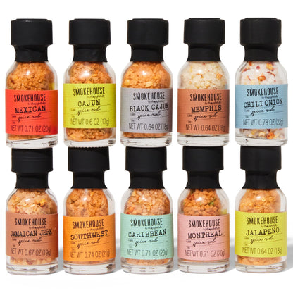 Smokehouse by Thoughtfully, Gourmet Grilling Spice Set in Mini Glass Bottles, Vegan and Vegetarian, Grill Seasoning Flavors Include Caribbean, Jamaican Jerk, Jalapeno, Montreal and More, Pack of 10 - CookCave