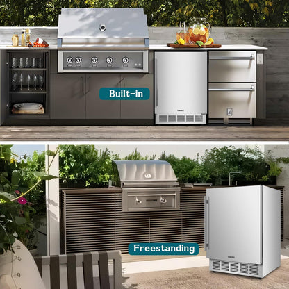 ORYMUSE Outdoor Refrigerator, 24 Inch Undercounter Outdoor Beverage Cooler Fridge with Stainless Steel Seamless Door Can Hold 180 Cans w/Powerful Cooling Compressor for Patio Kitchen and Commercial - CookCave