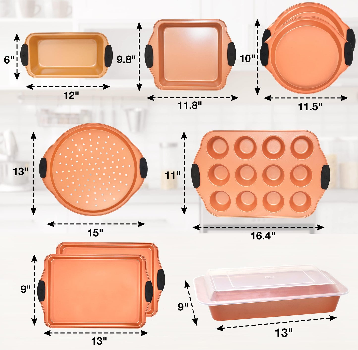 Perlli Baking Pan 10 Piece Set Nonstick Copper Steel Oven Bakeware Kitchen Set with Silicone Grips, Cookie Sheets, Round Cake Pans, 9x13 Pan with Lid, Loaf Pan, Deep Pan, Pizza Crisper, Muffin Pan - CookCave