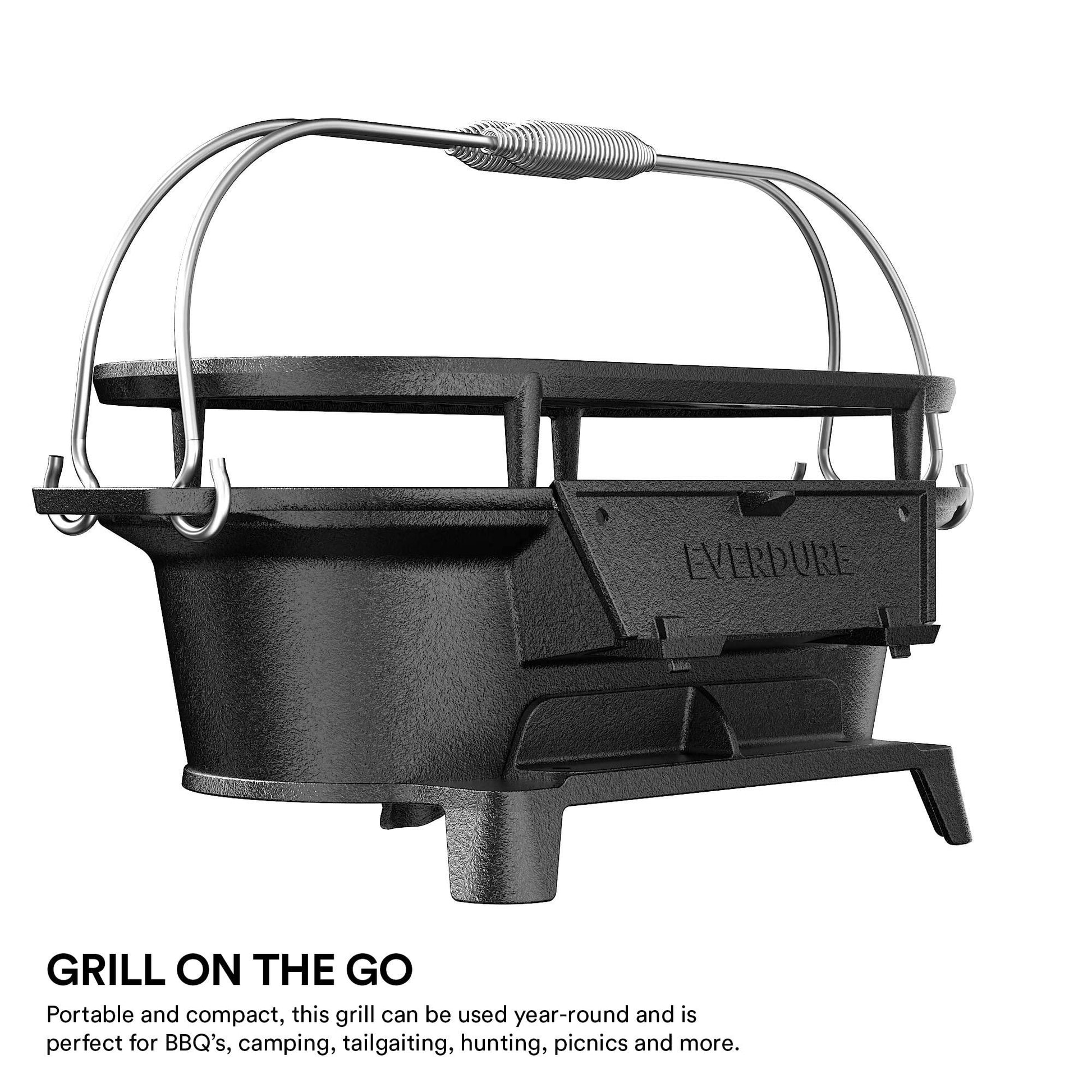 Everdure Oval Cast Iron Grill & Cover – Outdoor, Portable Charcoal Grill and Tabletop Cast Iron Skillet - 100% Cast Iron, Enameled, Durable, Small Charcoal Grill, Camping Stove, Hibachi Grill - CookCave