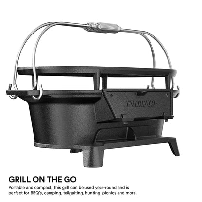 Everdure Oval Cast Iron Grill & Cover – Outdoor, Portable Charcoal Grill and Tabletop Cast Iron Skillet - 100% Cast Iron, Enameled, Durable, Small Charcoal Grill, Camping Stove, Hibachi Grill - CookCave