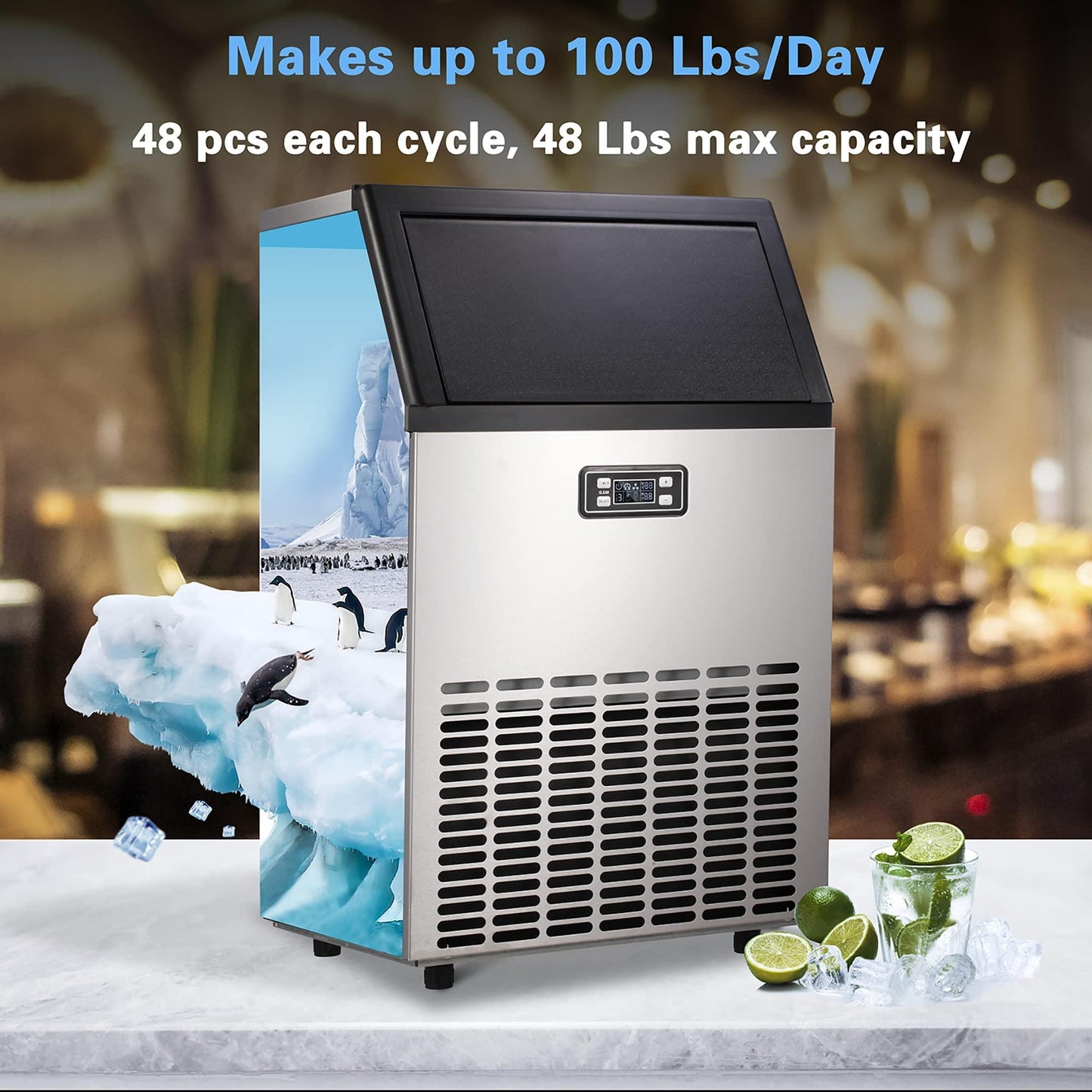 Electactic Ice Maker, Commercial Ice Machine,100Lbs/Day, Stainless Steel Ice Machine with 48 Lbs Capacity, Ideal for Restaurant, Bars, Home and Offices, Includes Scoop - CookCave