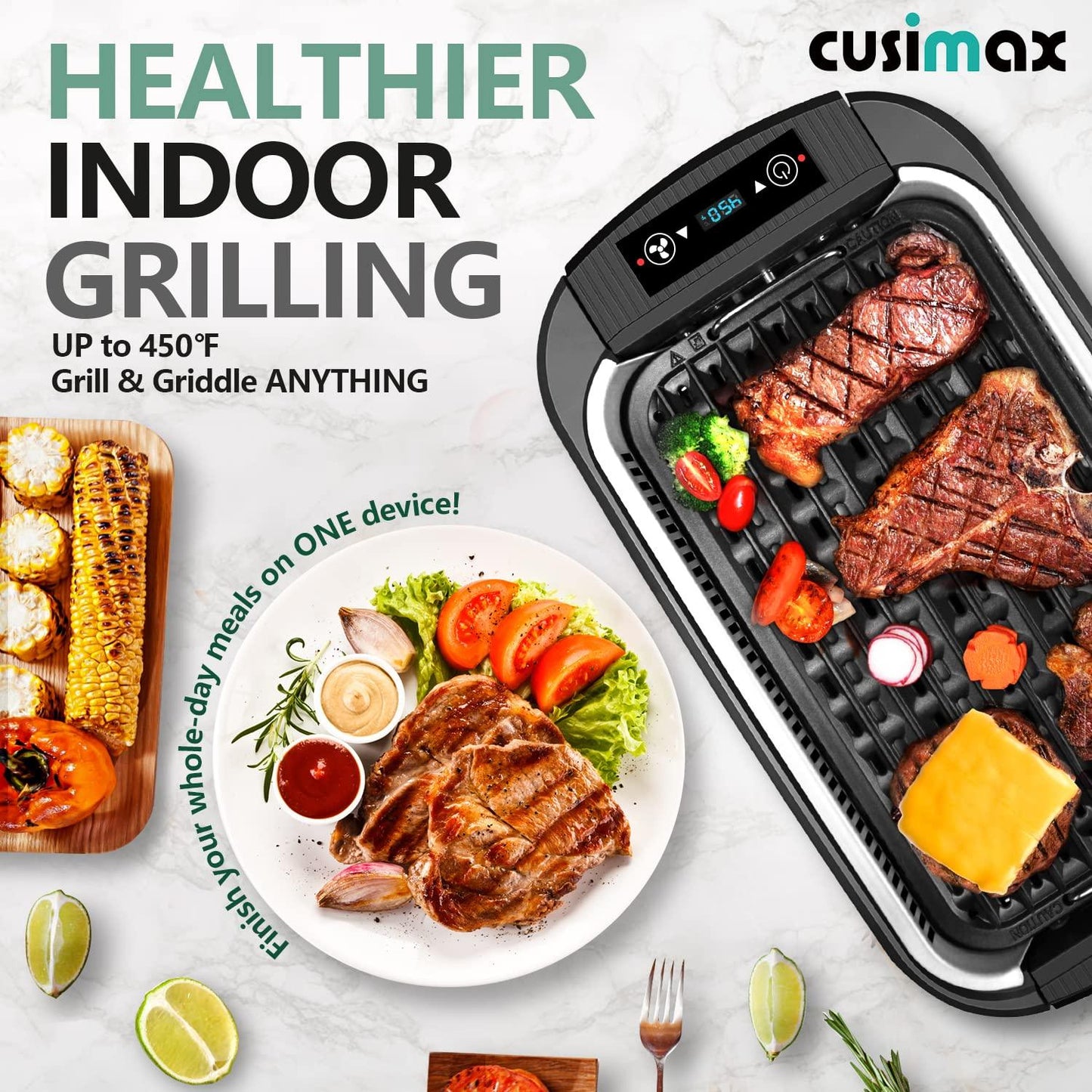 Indoor Grill, CUSIMAX Smokeless Grill Indoor, 1500W Electric Grill Griddle Korean BBQ Grill with LED Smart Display & Tempered Glass Lid, Non-stick Removable Grill Plate & Griddle Plate, Black - CookCave