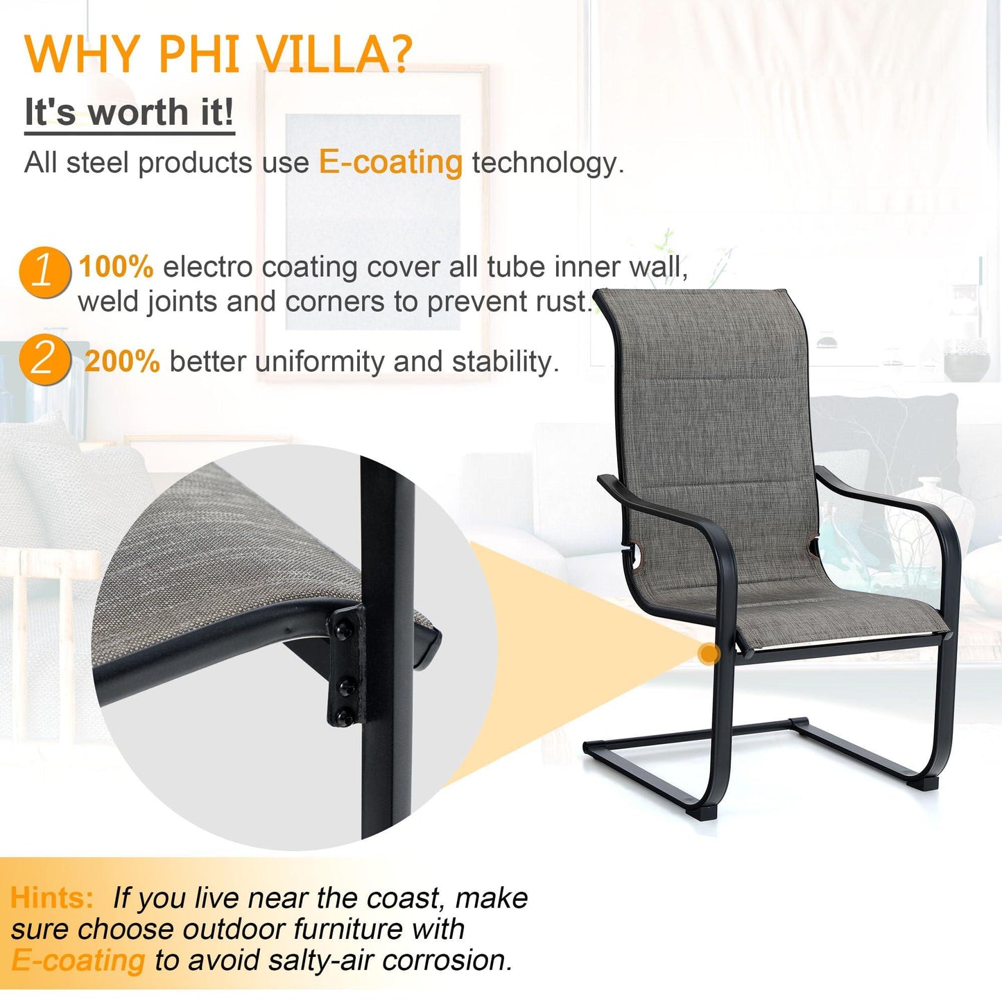 PHI VILLA Outdoor C-Spring Dining Chairs Set of 4, Patio Sling High Back Springy Chairs with Padded Textilene Fabric & Black Metal Frame, Durable and Strong for Patio, Porch, Deck, Yard - CookCave