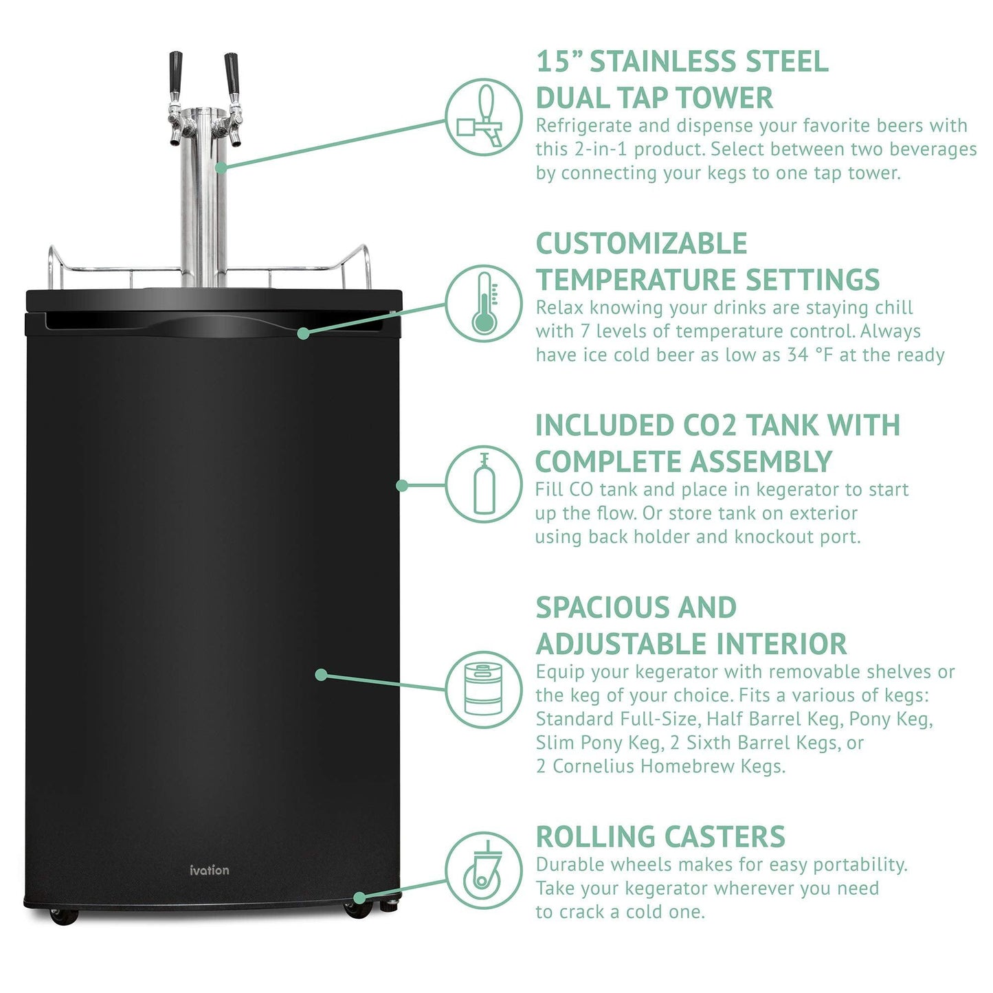 Ivation Full Size Kegerator | Dual Tap Draft Beer Dispenser & Universal Beverage Cooler | Mounted CO2 Cylinder, Temperature Control, Drip Tray & Rail | Fits 1/2 Keg, 1/4 Pony Keg, (2) 1/6 Kegs (Black) - CookCave