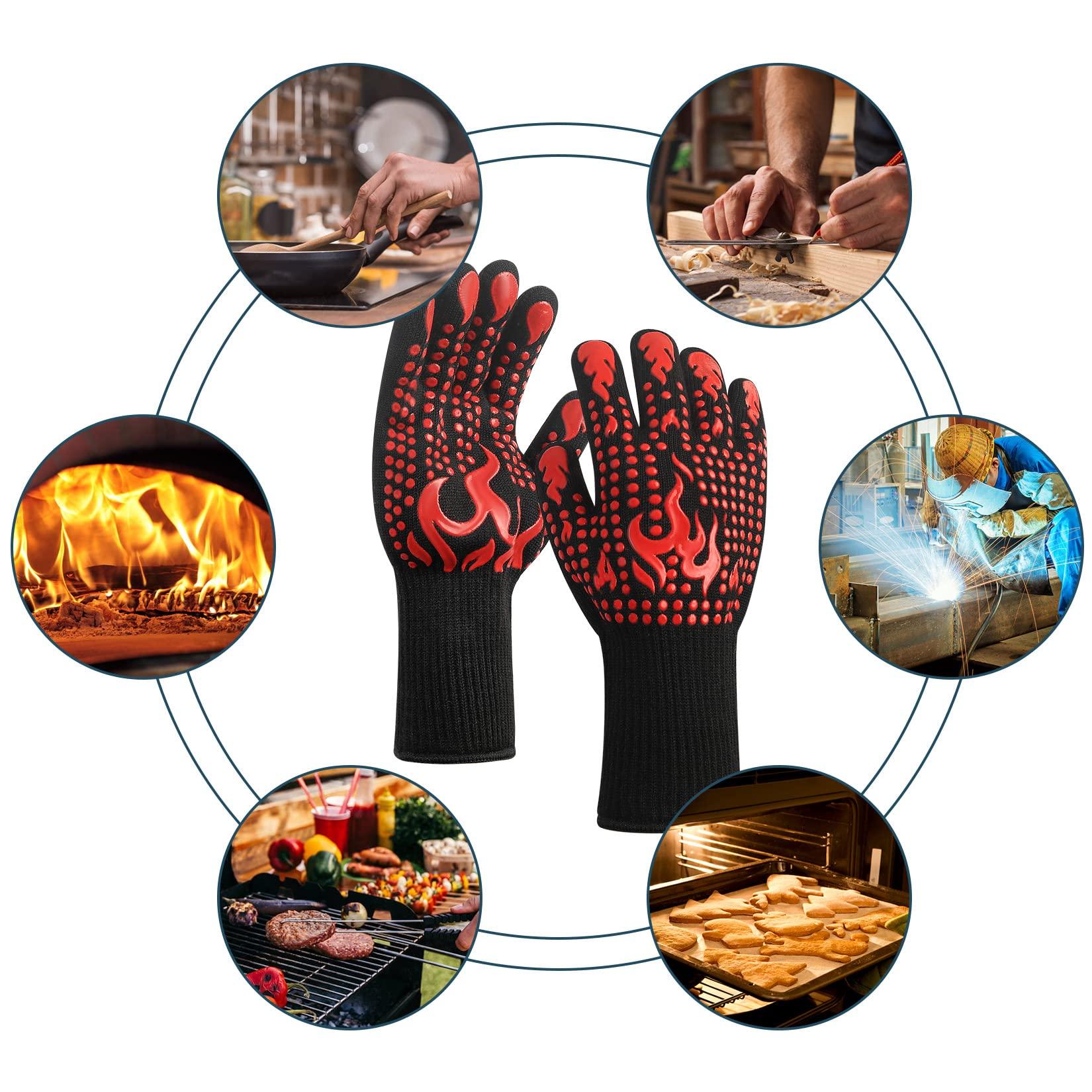 HexinYigjly 1 Pair/2 Pieces BBQ Gloves, Grilling Gloves, Heat Resistant Barbecue Oven Gloves, 1472°F/800°C Kitchen Fireproof Mitts Heat Proof for Grilling, Baking, Cooking, Welding Gloves Mitts - Red - CookCave