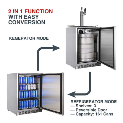 HCK 24 inch Universal Outdoor Beverage Refrigerator & Full Size Kegerator 2 in 1, Keg Beer Cooler with 3 taps, Complete Accessories, Digital Control, Auto Defrost and Reversible Stainless Steel Door - CookCave