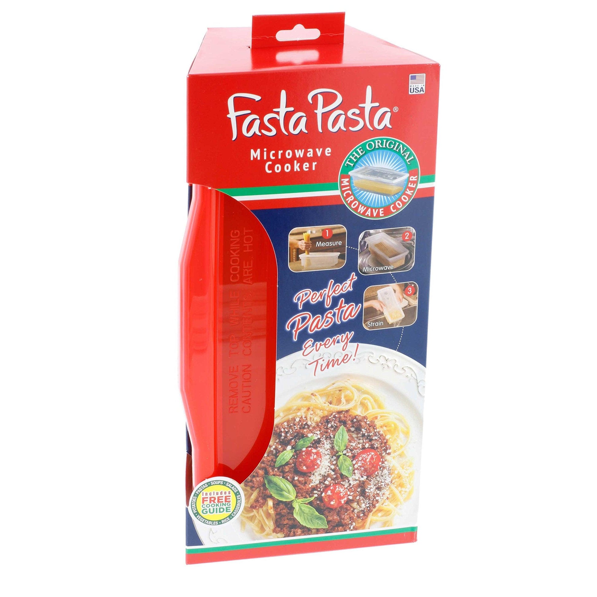 Microwave Pasta Cooker- The Original Fasta Pasta (Red)- Quickly Cooks up to 4 Servings- No Mess, Sticking or Waiting For Boil- Perfect Al Dente Pasta Every Time- For Dorms, Small Kitchens, or Offices - CookCave