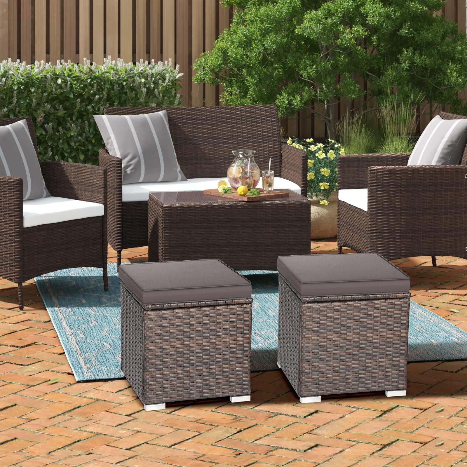 ORALNER 16" Outdoor Ottoman, Set of 2 Wicker Ottoman with Storage, All-Weather Rattan Cube Footstool w/Removable Cushions, Square Foot Rest Seating for Patio, Porch, Deck, Easy Assembly (Gray) - CookCave