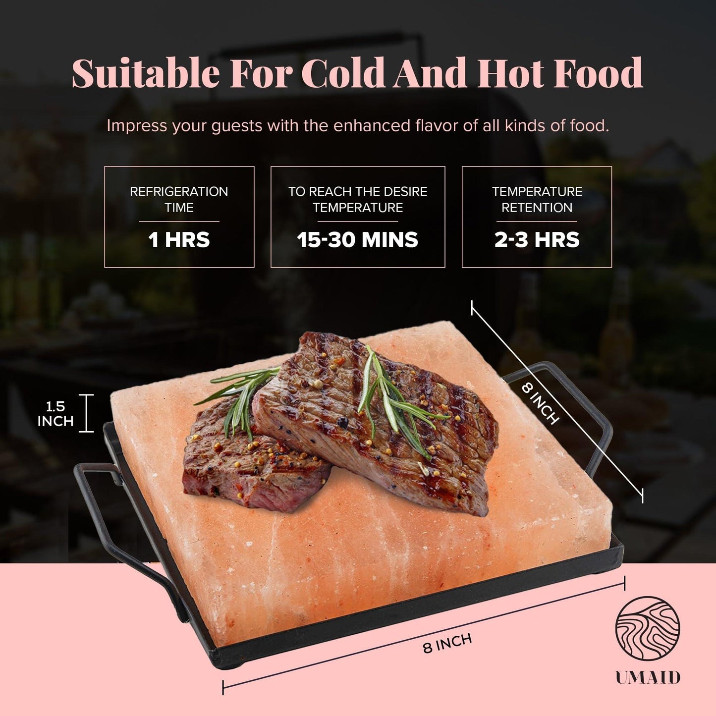 UMAID Himalayan Salt Block Cooking Plate 8x8x1.5 for Cooking, Grilling, Cutting and Serving, Food Grade Rock Salt Stone On Steel Tray with Recipe Pamphlet Unique Gifts for Men, Women, Dads & Cooks - CookCave