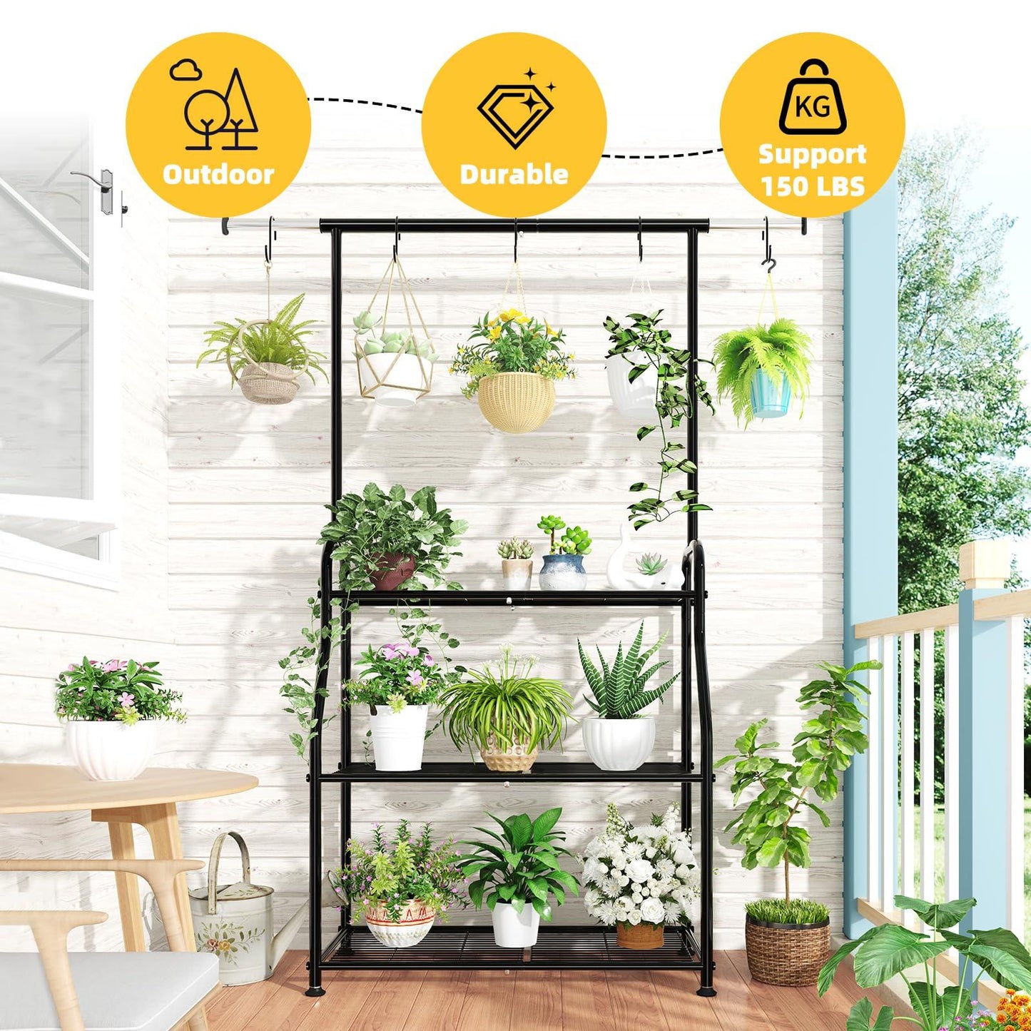 Simple Trending Plant Stand Indoor Outdoor, Heavy Duty Metal 3 Tiered Hanging Plant Shelf for Multiple Flower Planter Holder Tall Large Rack for Living Room Garden Balcony, Black - CookCave