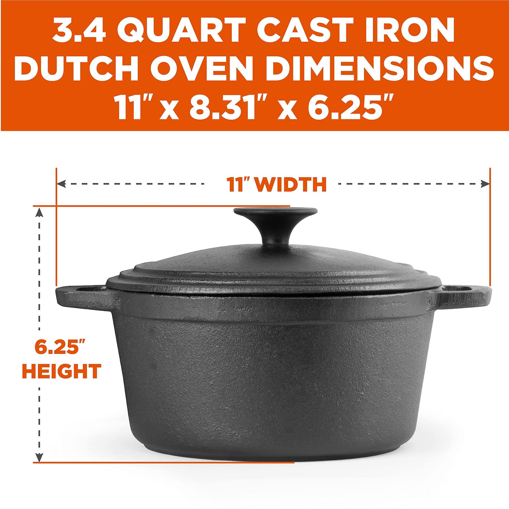 COMMERCIAL CHEF 3.4 Quart Cast Iron Dutch Oven with Dome Lid and Handles - CookCave