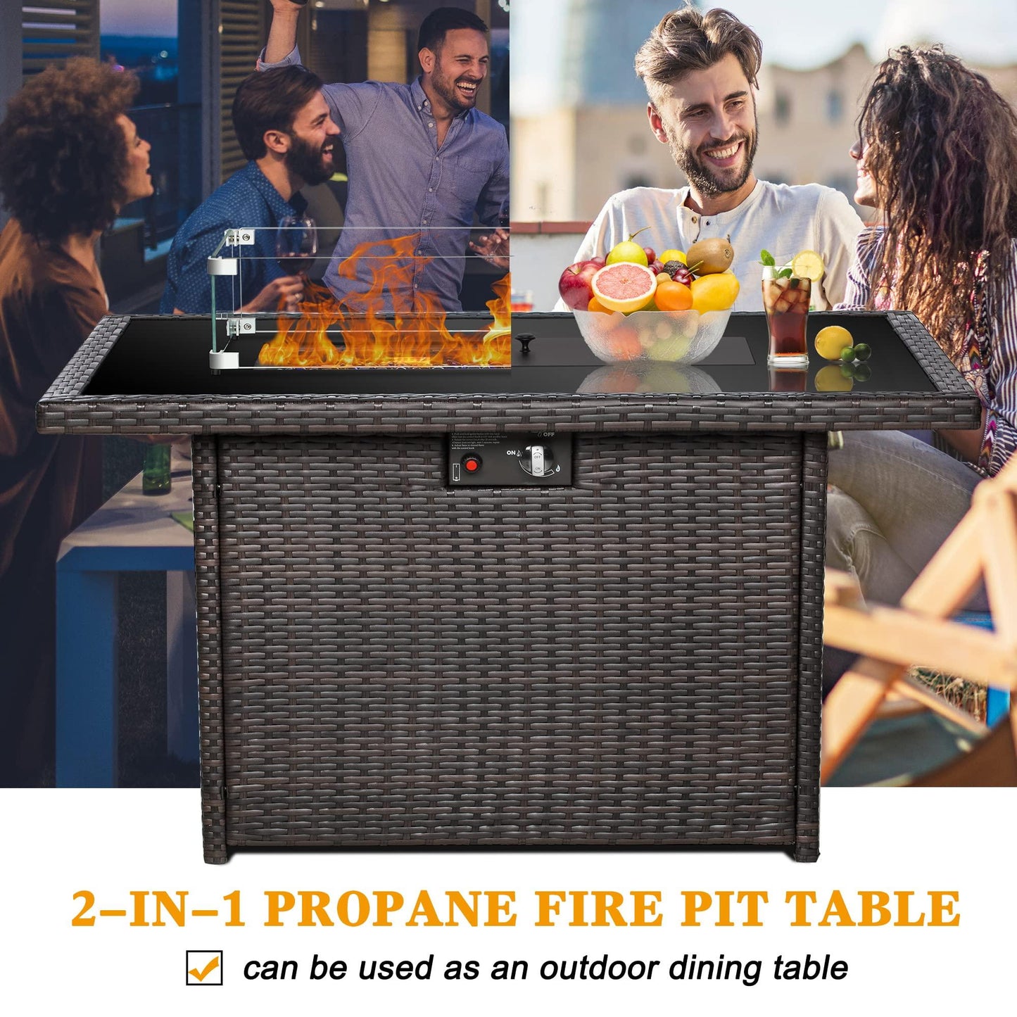 LayinSun 44" Propane Gas Fire Pit Table, 55000 BTU Rectangular Fire Pit with Glass Wind Guard for Outside Patio Deck Garden Backyard - CookCave