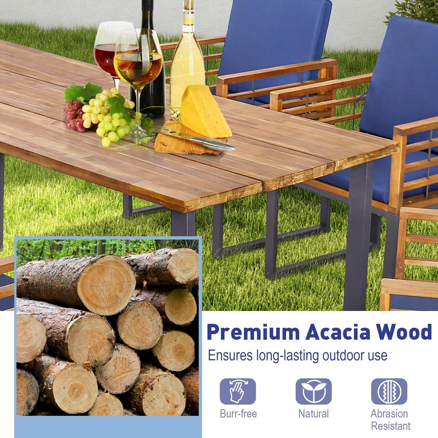 Tangkula 7 Piece Patio Dining Set, Acacia Wood Dining Chair & Table Set, 69” Spacious Tabletop with Umbrella Hole, Heavy-Duty Metal Support, Dining Set for Backyard, Poolside (Navy) - CookCave