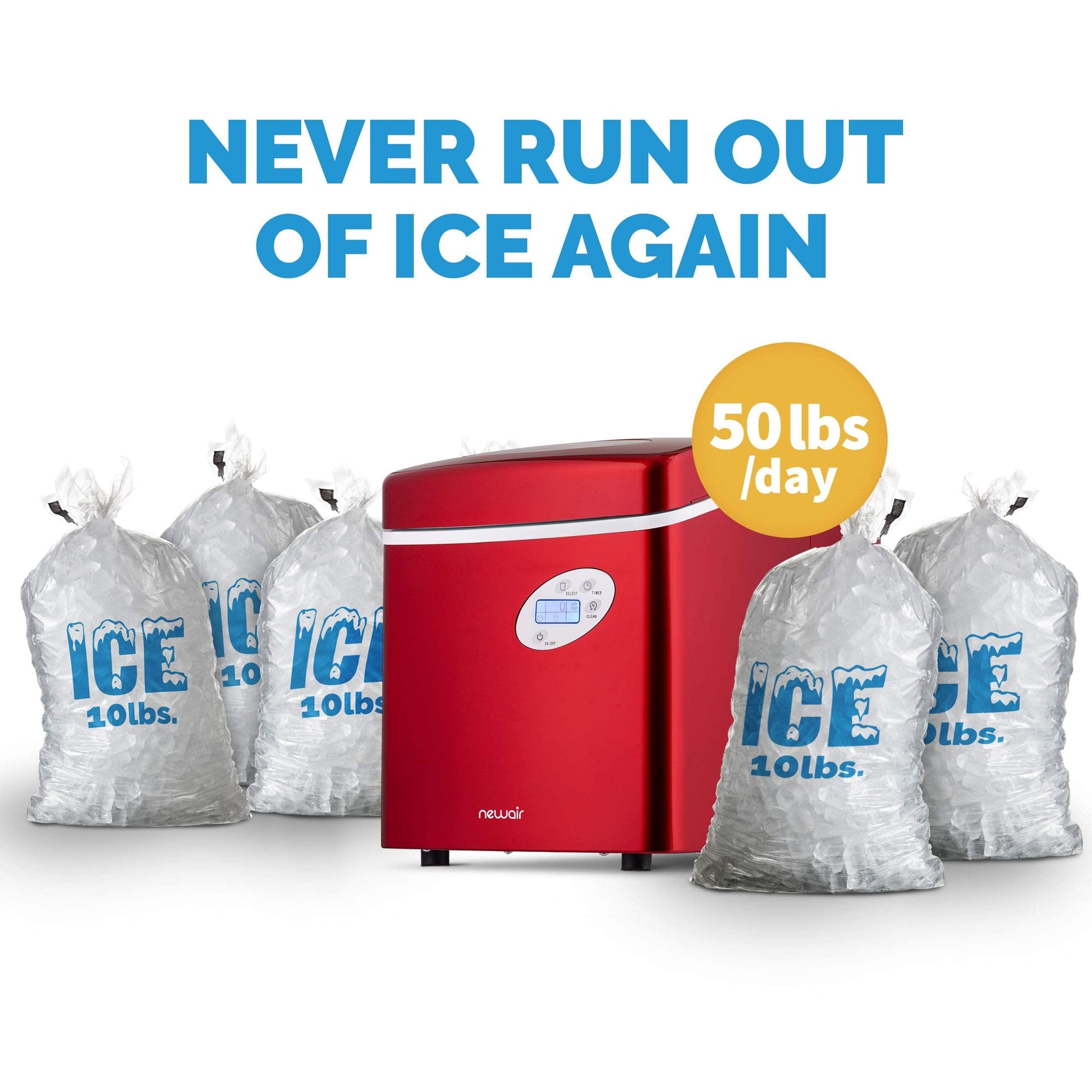 NewAir Portable Ice Maker 50 lb. Daily | Red | 3 Size Bullet Shaped Ice | First Batch Under 10 Minutes | Self Cleaning Quiet Operation Countertop Ice Machine | AI-215R - CookCave