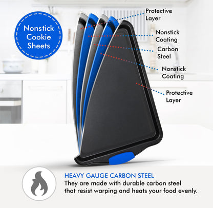 Perlli Cookie Sheets for Baking Non Stick Oven Pan Tray Baking Sheet 3-Piece Set (Small, Medium & Large) Carbon Steel BPA Free Cooking and Baking Trays for Cakes and Cookies with Blue Silicone Grips - CookCave