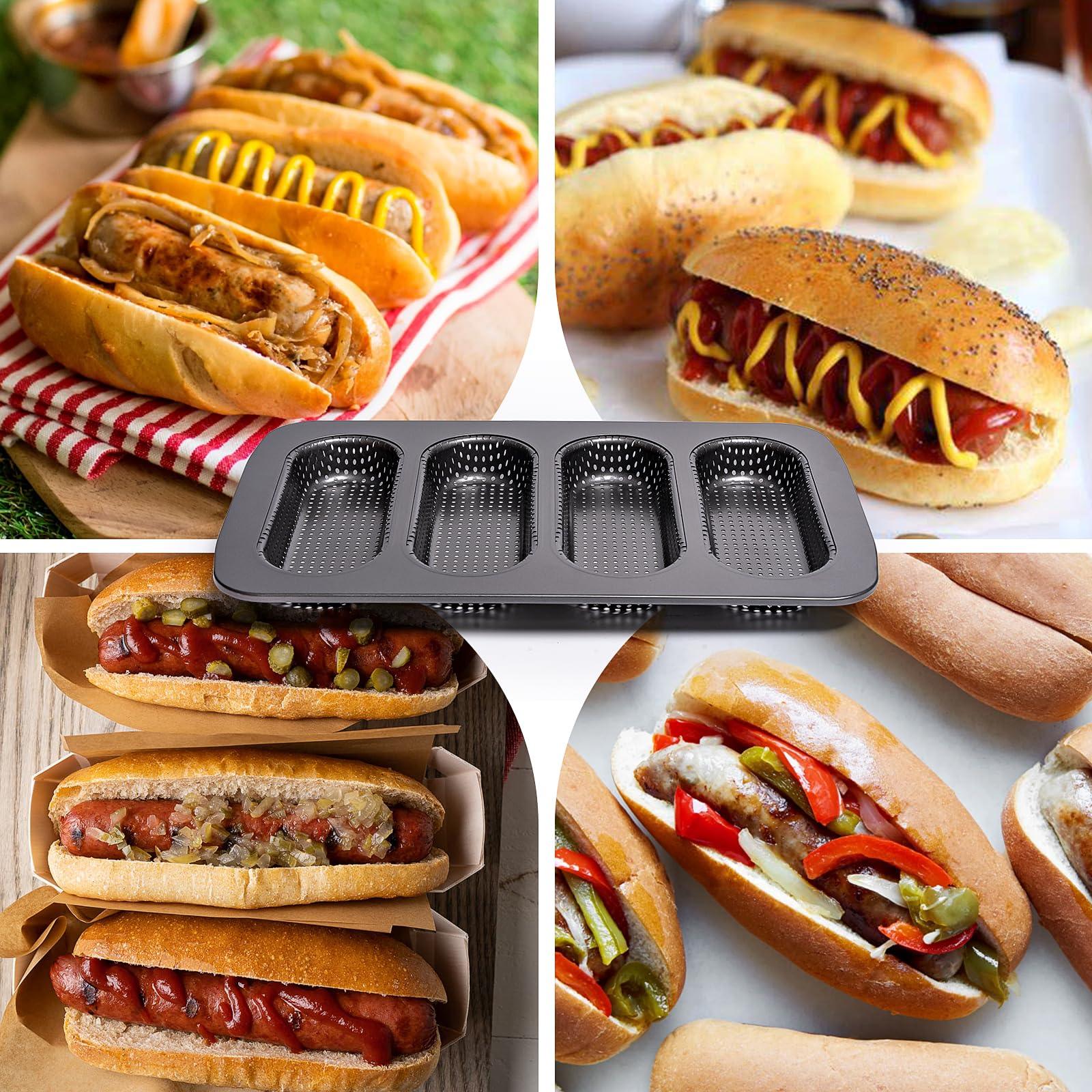 Yomvzake Hot Dot Bun Pan Set of 2, Perforated Carbon Steel Non-Stick Hotdog Bun Mold Bread Forms Crispy Mini Baguette Sandwich Baking Tray for Hot Dog Bun Rolls - CookCave