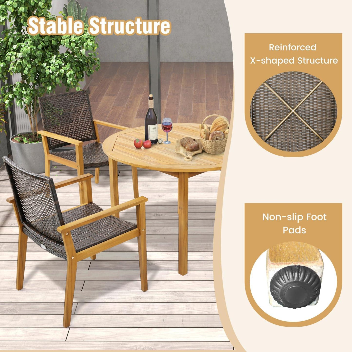 Tangkula 5 Pieces Patio Dining Set, 4 Patio Wicker Armchairs and Round Acacia Wood Dining Table, Outdoor Table and Chairs Set for Backyard, Poolside, Garden - CookCave