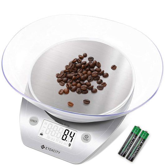 Etekcity Food Scale, 11lb/0.1g, Digital Kitchen Scale with Detachable Bowl Weight Grams and Ounces for Coffee, Baking, Cooking, Large LCD Display Stainless Steel (Batteries Included) - CookCave