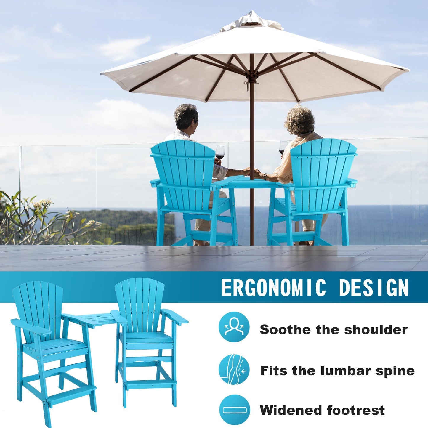 Aoorun 51''High Back, 420lbs, Widened Arms, All Weather Resistant, HDPE Recyclable Plastic Adirondack Chairs with Connecting Table-Blue - CookCave