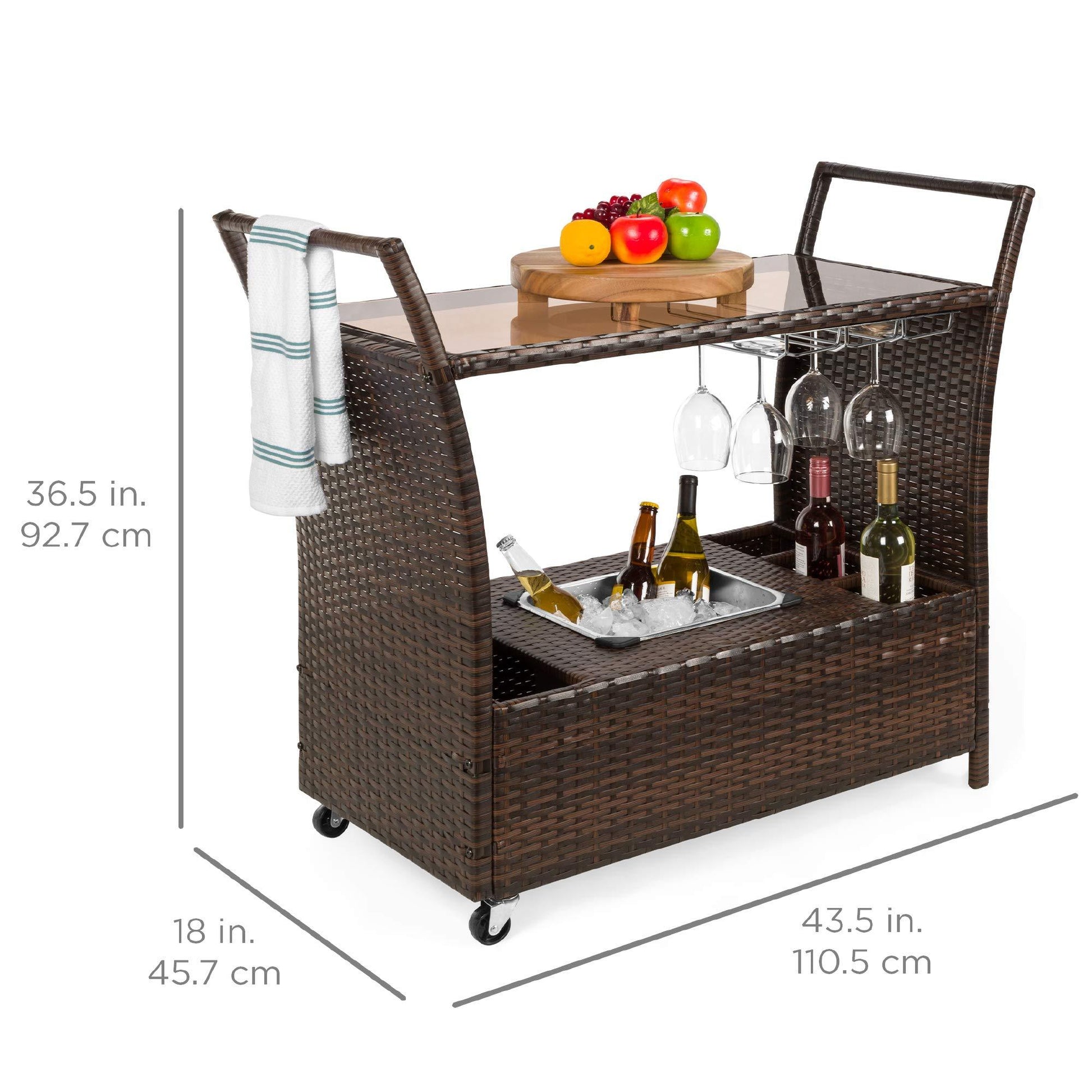 Best Choice Products Outdoor Rolling Wicker Bar Cart w/Removable Ice Bucket, Glass Countertop, Wine Glass Holders, Storage Compartments - Brown - CookCave