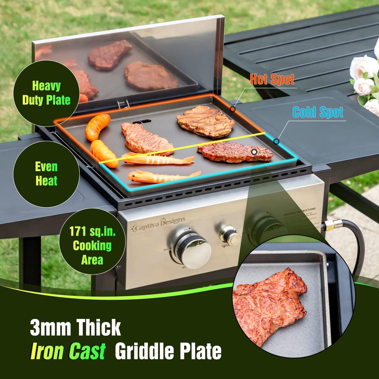 Captiva Designs 2-Burner Propane Gas Flat Top Griddle Grill, 171 sq.in Cooking Area Outdoor BBQ Grill for a Small Family, 20,000 BTU Output - CookCave