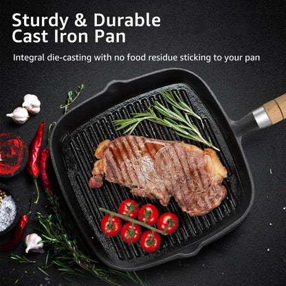 Bazova Cast Iron Griddle Grill Pan, Stovetop Griddle Pan with Ridges 8.3 Inch Grilling Plates with Pour Spouts Stove Top Gas Grill for Steak, BBQ & Camping Grill, Suitable for All Stovetops Oven Safe - CookCave