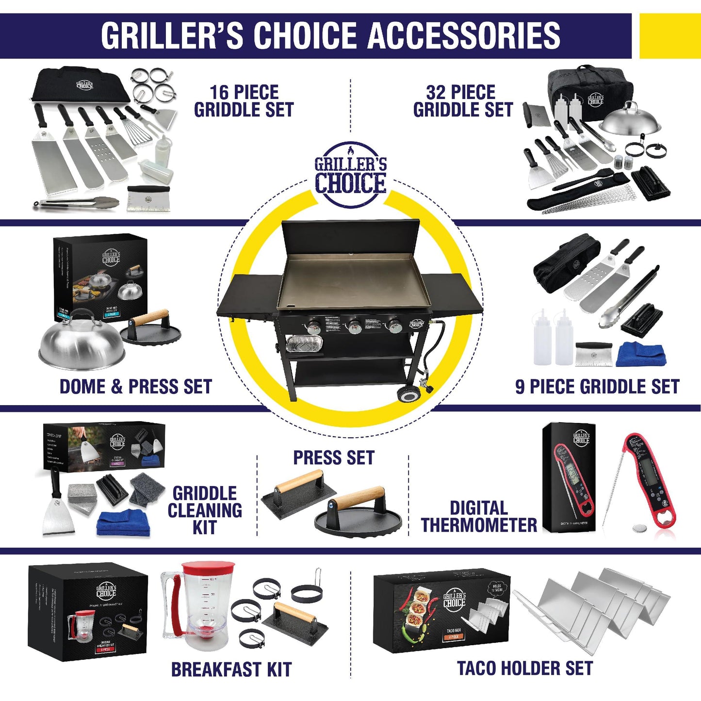 Griller's Choice Outdoor Griddle Grill Propane Gas Flat Top - Hood Included, 4 Shelves, Disposable Grease Cups, 36,000 BTU's, Large Cooking Area, Paper Towel Holder. - CookCave