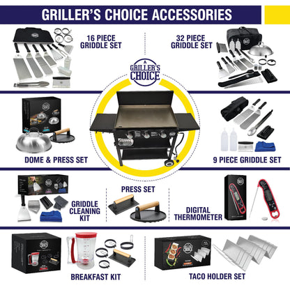 Griller's Choice Outdoor Griddle Grill Propane Gas Flat Top - Hood Included, 4 Shelves, Disposable Grease Cups, 36,000 BTU's, Large Cooking Area, Paper Towel Holder. - CookCave