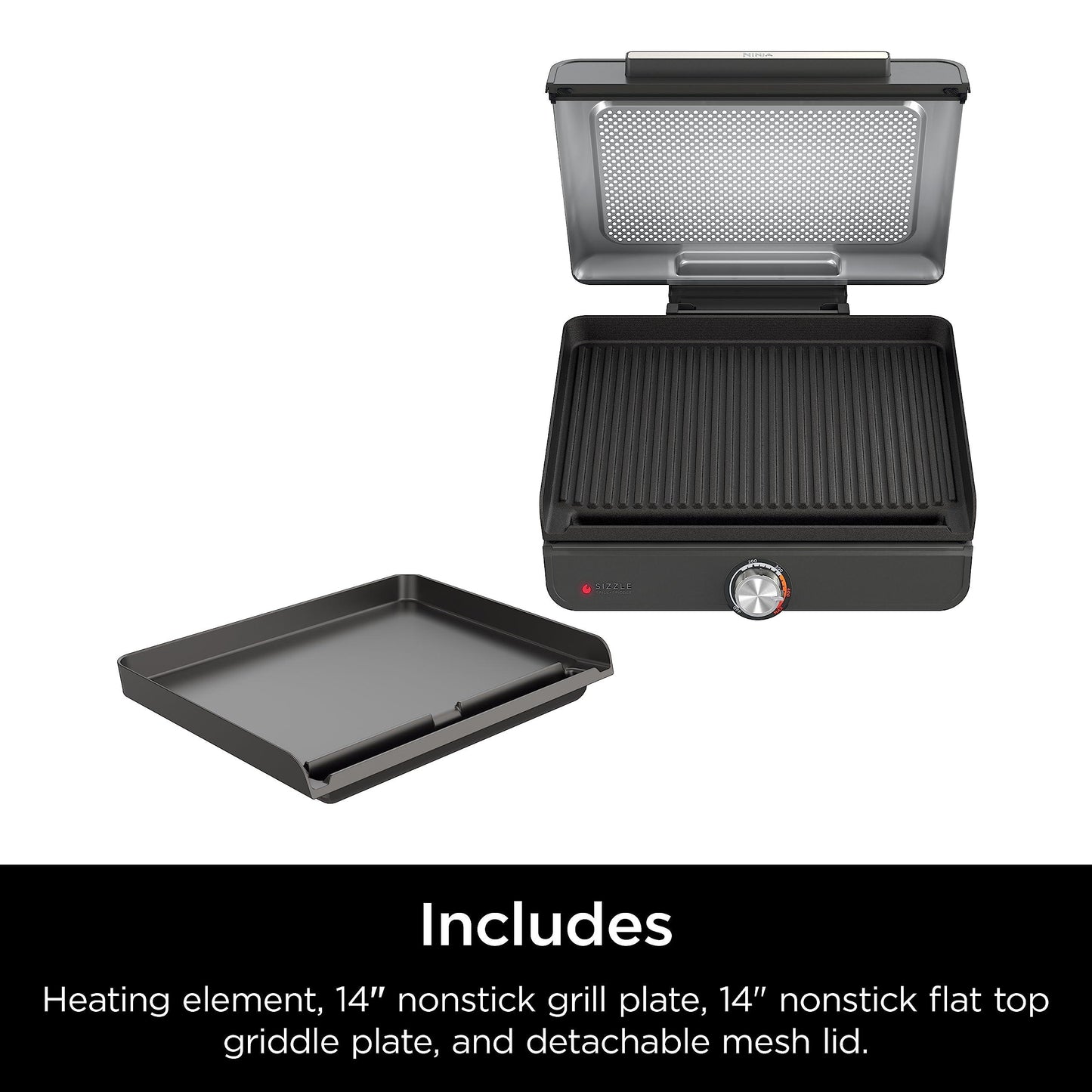 Ninja GR101 Sizzle Smokeless Indoor Grill & Griddle, 14'' Interchangeable Nonstick Plates, Dishwasher-Safe Removable Mesh Lid, 500F Max Heat, Even Edge-to-Edge Cooking, Grey/Silver - CookCave