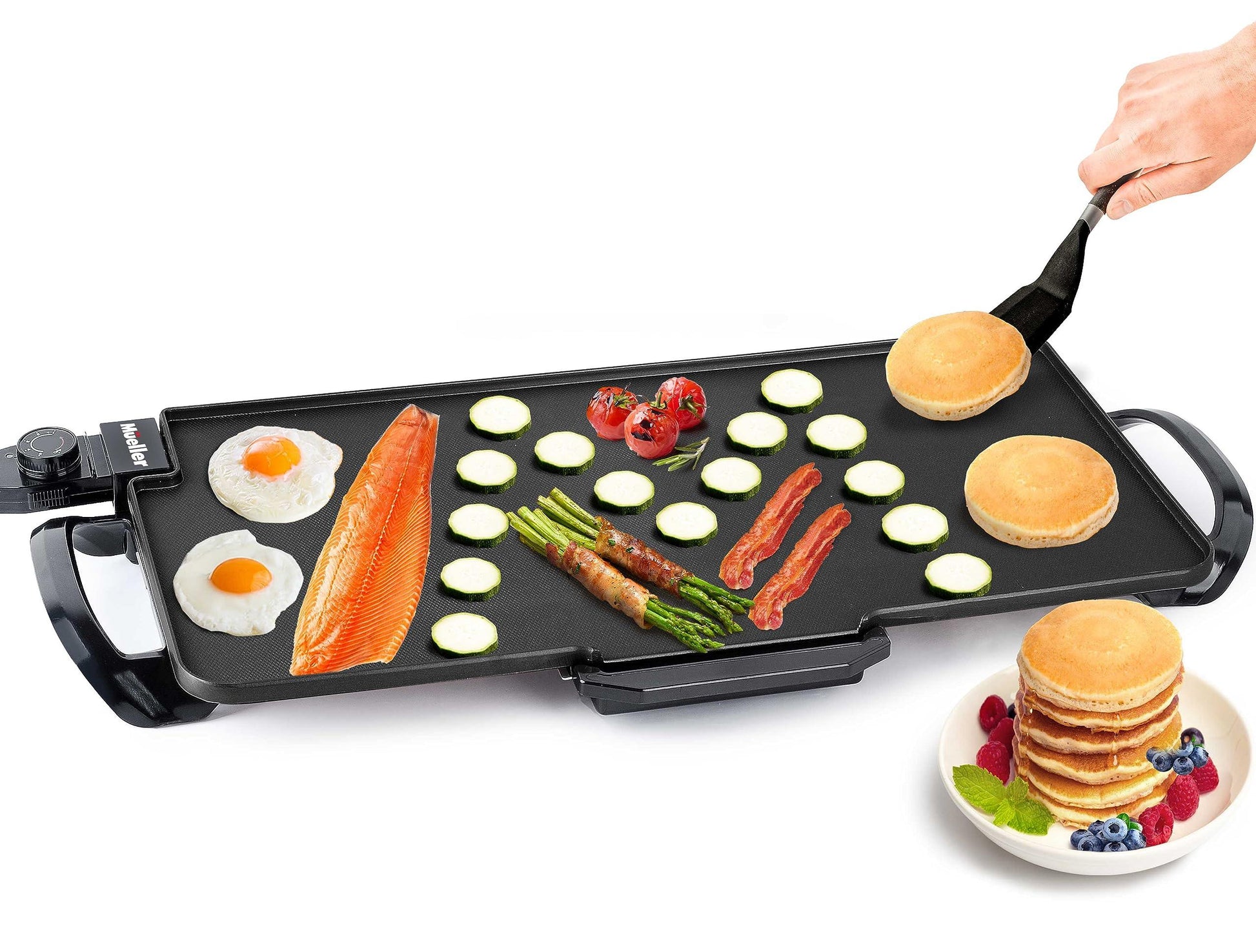 Mueller XL 24" x 12" Family-Sized Pancake Griddle, Healthy Eco Non-Stick Electric Griddle, 18 Eggs at Once, with Cool-Touch Removable Handles & Temp Control, for Pancakes, Burgers, Eggs, Black - CookCave