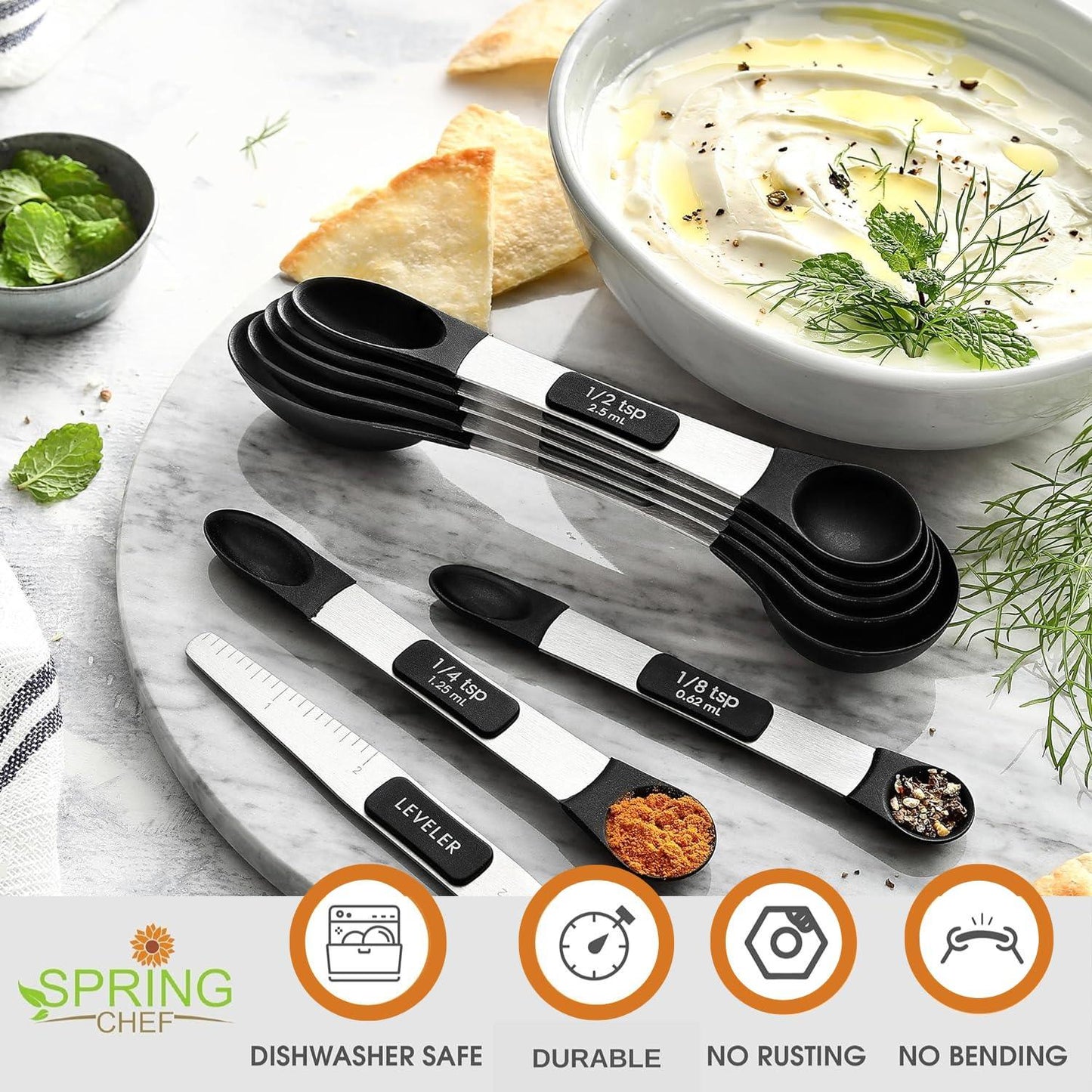 Spring Chef Magnetic Measuring Spoons Set, Dual Sided and Lightweight, Stainless Steel Metal & BPA Free Plastic, Fits in Most Kitchen Spice Jars for Baking & Cooking, Black, Set of 8 with Leveler - CookCave