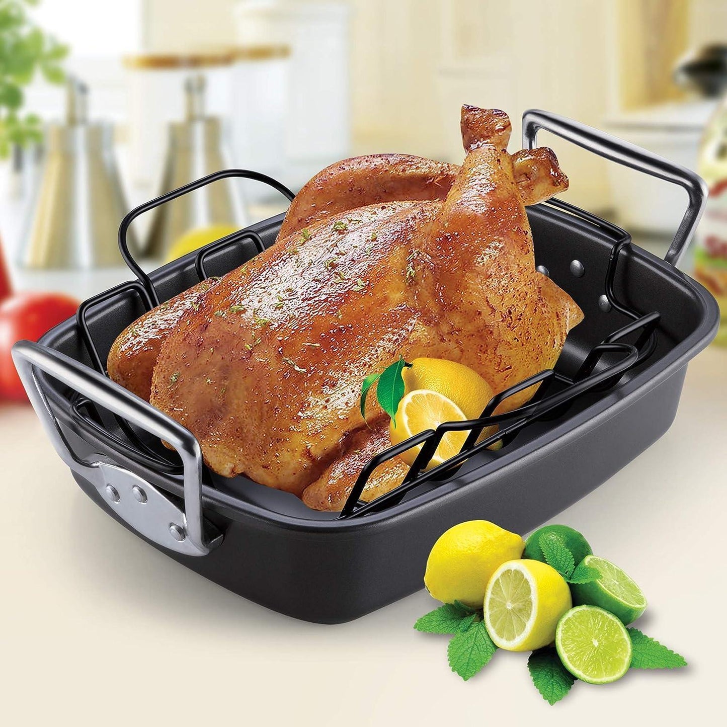 Cook N Home Nonstick Roasting Pan Bakeware Roaster with Rack, 17x13-inches, Black - CookCave