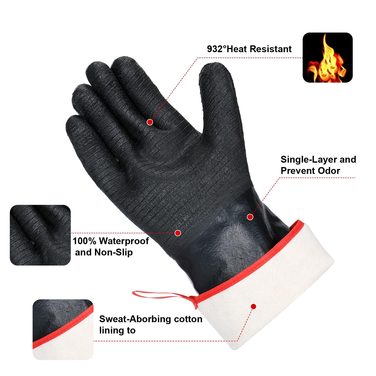 14 inch Barbecue Gloves, 932°F Extreme Heat Resistant Gloves, Firewoof/Waterproof Gloves with overlong Sleeve, for Baking/Oven/Cooking/Pit/Barbecue/Cutting,Textured Palm Handle/Greasy Food - CookCave